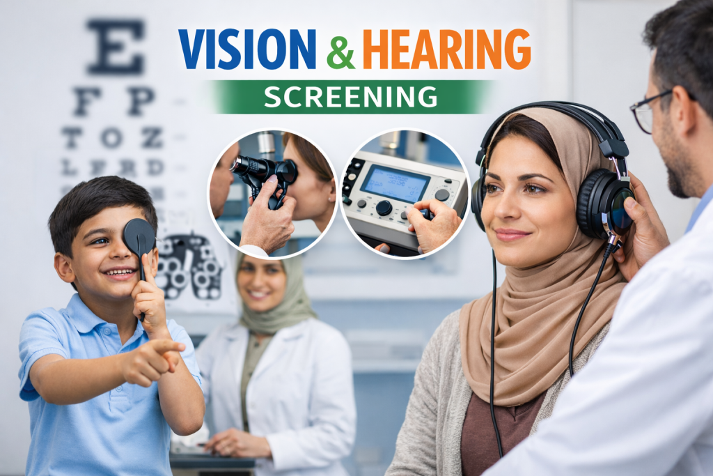 Vision and Hearing screening for school and work place requirement in Clifton block 8, Karachi. Screening for vision problems and hearing issues.
